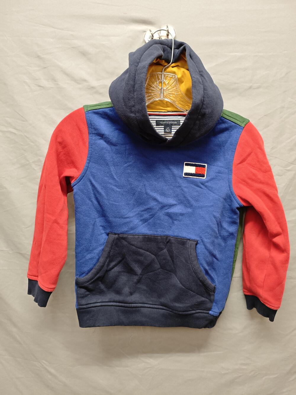 Tommy Hilfiger Hoodie Boys Small 6-7 Colorblock Blue Red Flag Logo Pullover